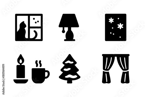 Cozy Winter Icons. Winter Home. Filled icon set of Winter Home: cat by window, warm lamp, steaming mug,
