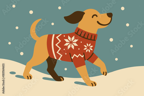 Cheerful Dog Winter Walk. minimalist flat illustration of a cheerful dog walking through snow in a holiday