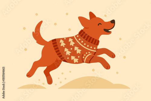 Playful Dog in Snow. minimalist flat illustration of a playful dog jumping in snow wearing a patterned