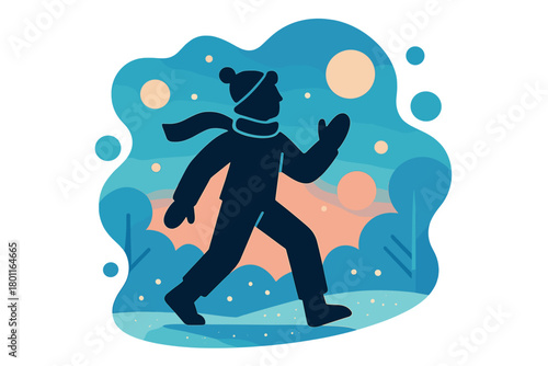 Winter Twilight Silhouette. Winter twilight figure. The dark outline of a person contrasts against orange and