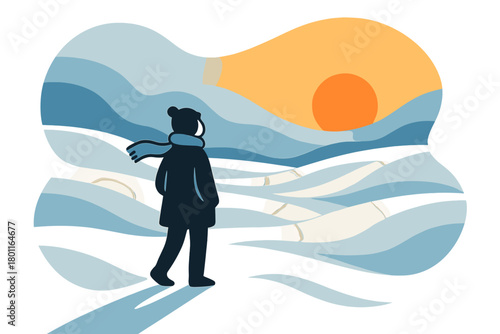 Winter Sunset Serenity. Winter sunset serenity. A single silhouette against endless snow and glowing orange