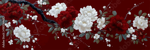 A beautiful vector illustration featuring a branch adorned with elegant red and white flowers, evoking a serene oriental aesthetic.