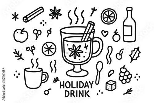 Festive Mulled Wine Doodle. Holiday Drink. Hand-drawn doodle illustration of hot mulled wine on festive table.