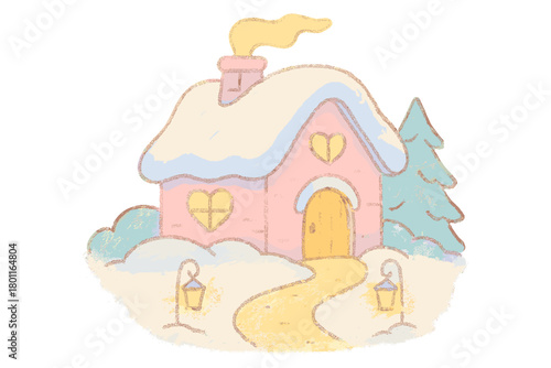 Enchanting Snow Cottage. "Fairytale snow cottage". Cozy doodle of a little storybook house with heart-shaped
