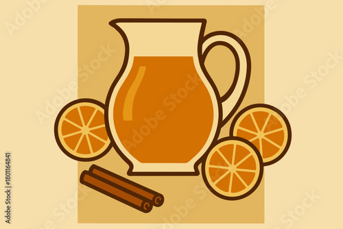 Cider and Spice. minimalist flat illustration of a glass pitcher of apple cider surrounded by sliced oranges