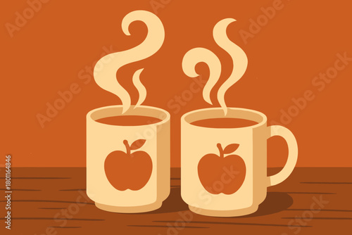 Warm Cider Mugs. minimalist flat illustration of two mugs of apple cider on a wooden table, steam rising in