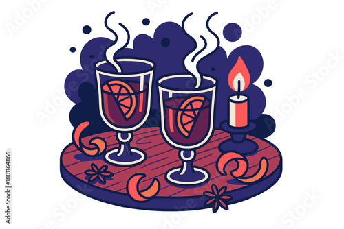 Mulled Wine Magic. Winter drink delight. A wooden table with two glasses of mulled wine glowing red under