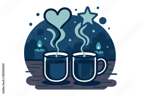 Mulled Wine Magic. Evening indulgence. Two mugs of deep red mulled wine sit on a wooden table with faint