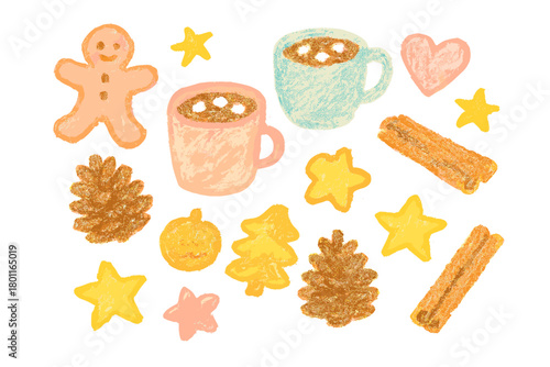 Whimsical Holiday Doodle. "Holiday table flat lay". Whimsical doodle of cookies, hot cocoa mugs, pine cones,