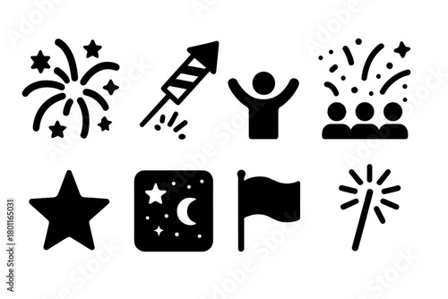 Iconic Fireworks Celebration. Fireworks Celebration. Filled icon set of Fireworks Celebration: fireworks burst