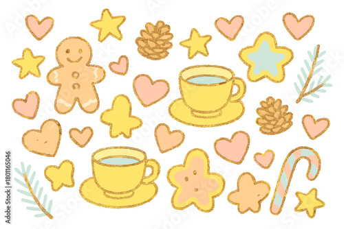 Festive Table Doodles. "Holiday table flat lay". Cute doodle of festive table elements — cookies, tea cups,