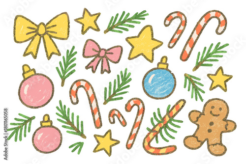 Festive Doodle Layout. "Holiday table flat lay". Playful doodle of colorful table decor — bows, ornaments,