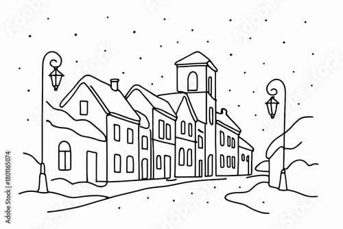 Minimalist Winter Townscape. Old town winter. Minimalistic one-line drawing of a snowy old-town street with