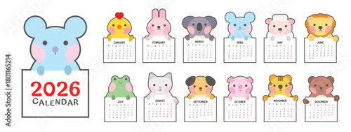 2026 cute animal calendar template. Monthly planner for kids with week start on Monday