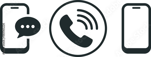 Phone icon set, smartphone with chat bubble, telephone call symbol, mobile phone outline, contact us vector icons.