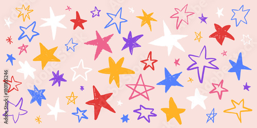 Cool color hand drawn star collection. Crayon doodle twinkle sparks set with flashes and sketch fireworks