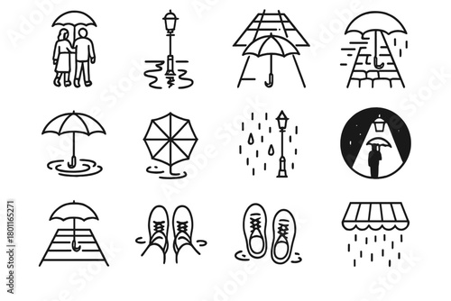 Rainy Walkway Icons. Umbrella Walkway. Line outline icon set of rainy street compositions: couple walking with