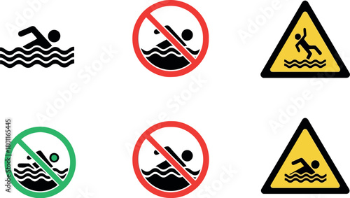 Swimming prohibition and warning signs collection with divers and slippery surfaces symbol on transparent background