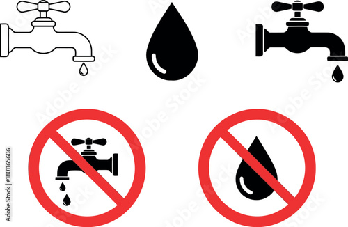 Water faucet and drop icons with prohibition signs for water conservation and saving Keywords: water, faucet, tap, drop, water drop, conservation, saving, prohibition, no, on transparent background