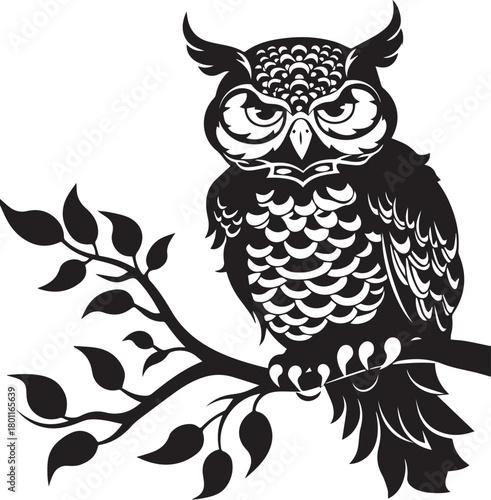 Wise Owl Perched: A detailed, stylized illustration presents a majestic owl, exuding an air of wisdom as it perches calmly on a leafy branch.
