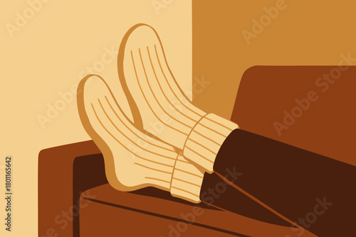 Cozy Socks Relaxation. minimalist flat illustration of a person’s feet in cozy wool socks propped up on a