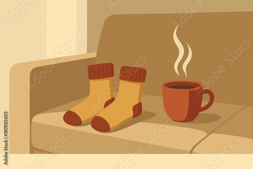 Cozy Morning Vibes. minimalist flat illustration of wool socks and a cup of tea on a couch, soft morning light