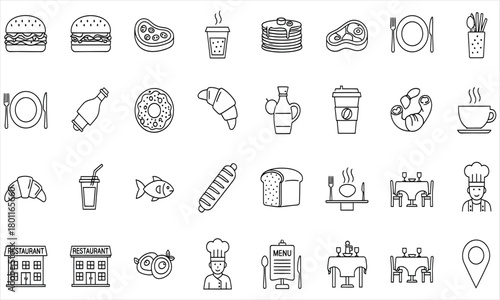 Comprehensive Outline Icon Set for Food, Restaurant, and Dining Services Featuring Culinary Delights, Drinks, and Eatery Elements