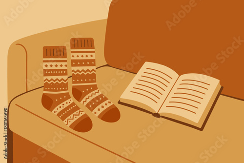 Cozy Retro Vibes. minimalist flat illustration of patterned wool socks beside an open book on a couch, retro