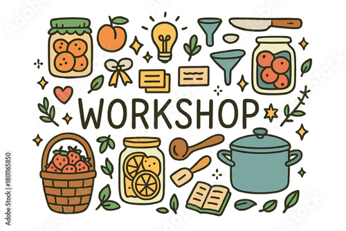 Canning Workshop Doodle. Canning workshop. Hand-drawn doodle illustration of canning workshop. Mason jars,