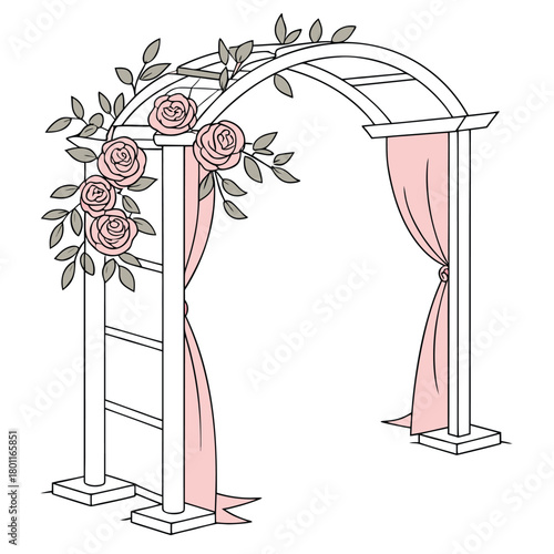 Elegant wedding arch decorated with pink roses, green leaves, and flowing pink drapes, perfect for a romantic ceremony.