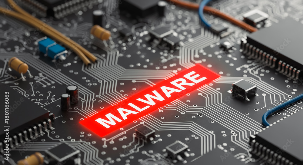 Fototapeta premium Glowing malware text on a computer motherboard