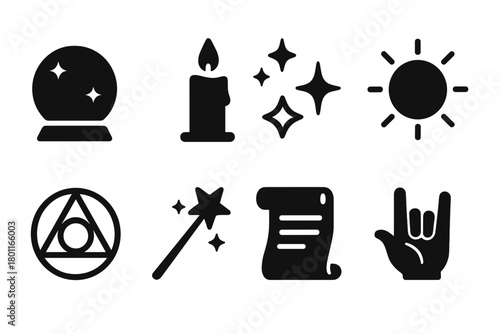 Mystic Icon Set. Mysticism. Filled icon set of Mysticism: crystal ball, candle, stars, magical aura, arcane