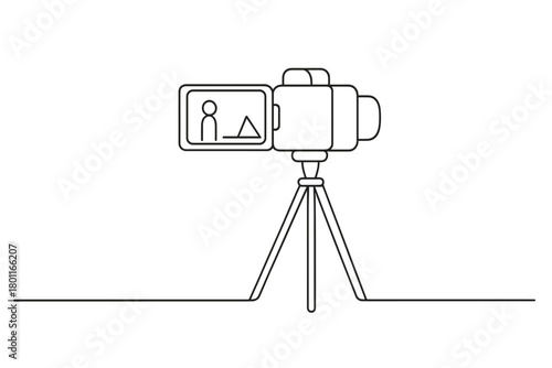 Minimalist Camera Illustration. Video Production. Minimalistic one-line drawing camera mounted on tripod