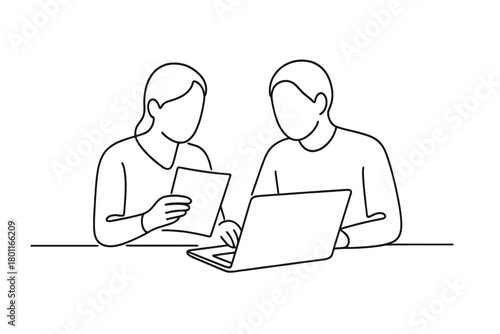 Minimalist Collaboration Art. Content Collaboration. Minimalistic one-line drawing two people working together