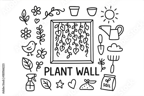Doodle Plant Wall. Plant Wall. Hand-drawn doodle illustration of Plant Wall. In the middle, one slightly
