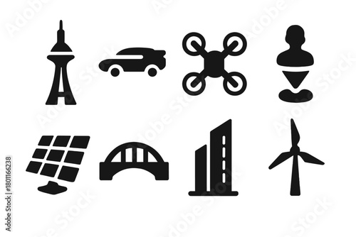 Futuristic City Icons. City of Tomorrow. Filled icon set of City of Tomorrow: futuristic tower, flying car,