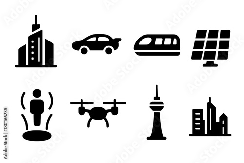 Futuristic City Icons. Futuristic Cities. Filled icon set of Futuristic Cities: skyscraper, flying car,