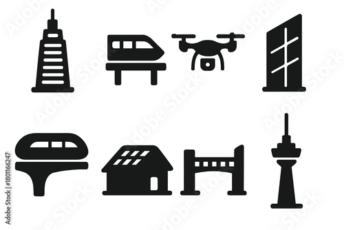 Urban Futurism Icons. Urban Futurism. Filled icon set of Urban Futurism: skyscraper, elevated train, drone,