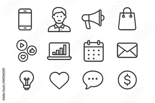 Small Business Marketing Icons. Small business owner promoting on social media. Line outline icon set of small