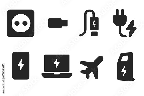 Airport Charging Icons. Airport Charging Stations. Filled icon set of Airport Charging Stations: power outlet,