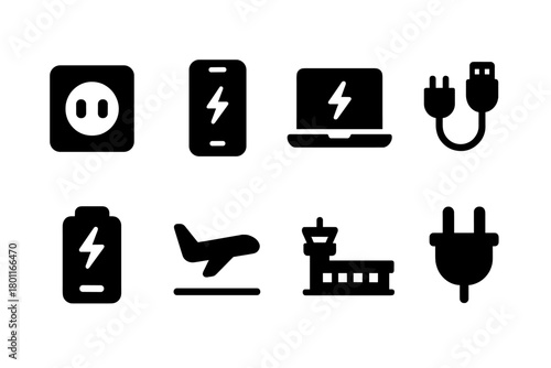 Airport Charging Icons. Charging Devices at the Airport. Filled icon set of Charging Devices at the Airport: