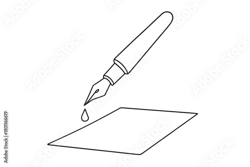 Minimalist Ink Drawing. Ink and Paper. Minimalistic one-line drawing nib pen dripping ink onto prepared