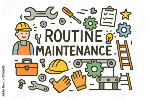 Routine Maintenance Doodle. Routine maintenance. Hand-drawn doodle illustration of routine maintenance. Worker