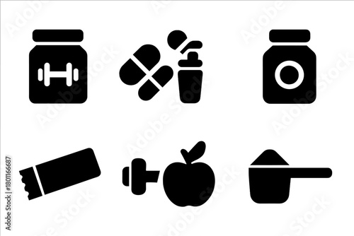 Supplements Icon Set. Supplements. Filled icon set of Supplements: protein powder, capsules, shaker bottle,