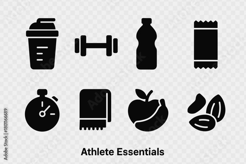 Athlete Essentials Icons. Athlete Essentials. Filled icon set of Athlete Essentials: protein shake, dumbbell,
