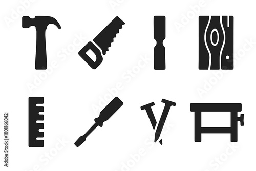 Woodworking Icon Set. Woodworking. Filled icon set of Woodworking: hammer, saw, chisel, wood plank, ruler,