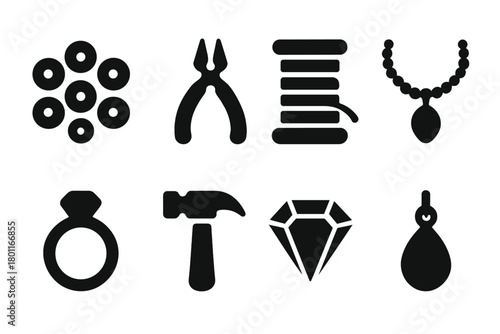Jewelry Making Icons. Jewelry Making. Filled icon set of Jewelry Making: beads, pliers, wire, necklace, ring,