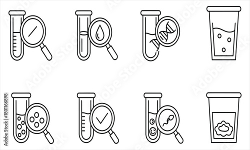 Set of eight medical laboratory icons for scientific research and analysis in a clean and modern style