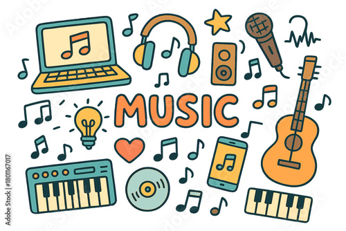 Technology's Musical Influence. The impact of technology on music. Hand-drawn doodle illustration of the