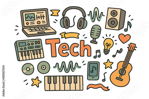 Music Tech Doodles. Music technology. Hand-drawn doodle illustration of music technology. Laptop, synthesizer,